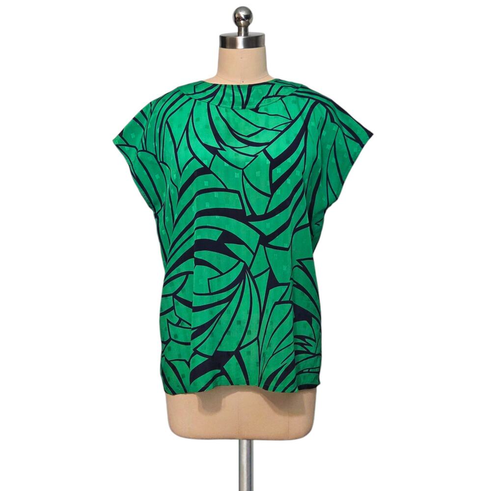 Vintage 90's Y2K  ERNST STRAUSS Green Print Blouse Button Back Made USA S/M